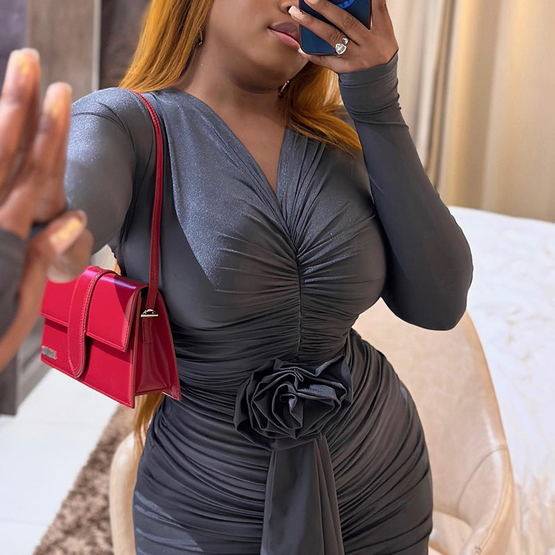 V neck Tight Dress Long Sleeve Mid Length Irregular Asymmetric Hip Wrapped Dress Three Dimensional Ornamental Floral Pullover Bella Mia